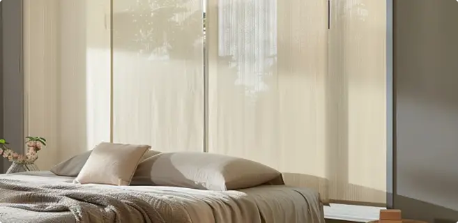 Blickdichte, zugezogene Flächenvorhänge hinter einem Bett hängend im Schlafzimmer