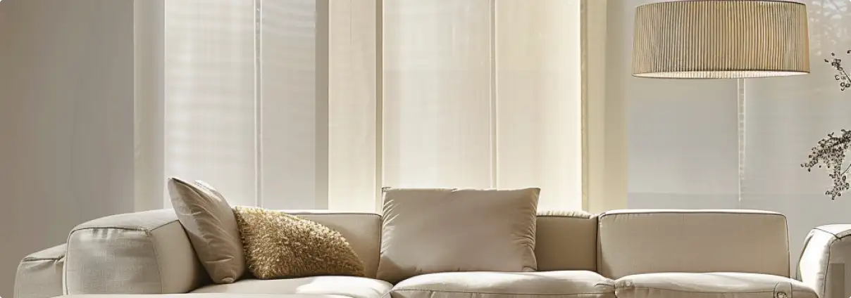 Zugezogene, beige Flächenvorhänge hängen hinter einem großen Sofa in Beige