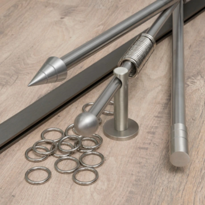 Verschiedene Vorhangstangen in Silber mit Gardinenringen
