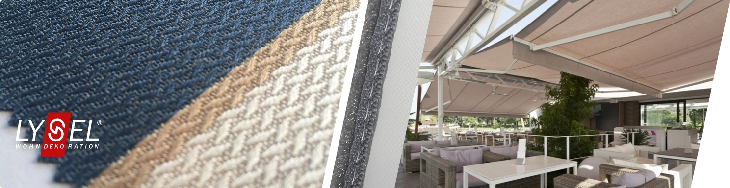 Linker Bildausschnitt zeigt Markisenstoff mit Streifen und rechter Bildausschnitt zeigt Markisen auf einer großen Terrasse einer Gastronomie